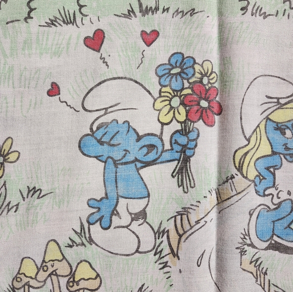 Vintage 1980s "Smurf Village " Twin Flat Bed Sheet Fabric - Picture 8 of 10